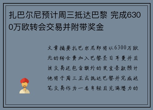 扎巴尔尼预计周三抵达巴黎 完成6300万欧转会交易并附带奖金