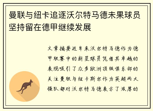 曼联与纽卡追逐沃尔特马德未果球员坚持留在德甲继续发展